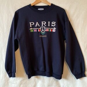 Vintage Paris France Crewneck Sweater Embroidered Flags Nautical Rope Fisherman